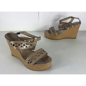 Chloé Leather Scalloped Cutout Accent Women's Tan Wedge Sandals EU 37.5 US 7.5